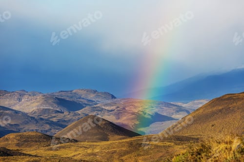 Preview: Rainbow Above Mountains. Beautiful Natural Landscapes. Picturesque Nature.