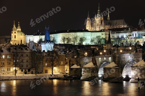 Preview: Snowy Prague Gothic Castle With Charles Bridge In The Night