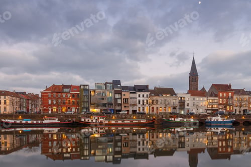 Preview: Pier Boats And Yachts On The River Leie In Ghentat At Sunset.