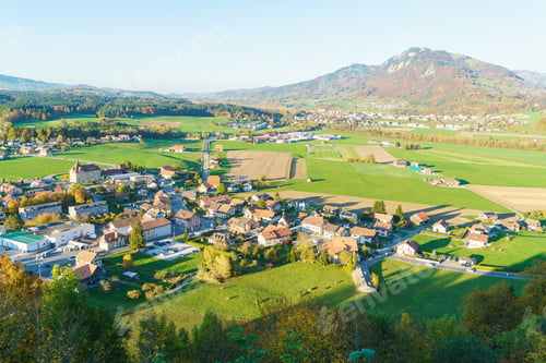 Preview: Aerial View Of A Beautiful Landscape With Traditional Houses, Green Meadows, Hills And Cows Near