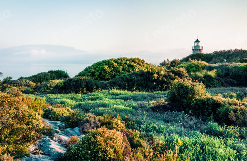 Preview: Beautiful Morning View Of Skinari Lighthouse. Bright Spring Scene Of Zakynthos Island, Korithi