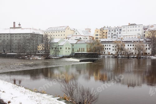 Preview: The Winter Medieval Town Pisek In Snowfall, Czech Republic