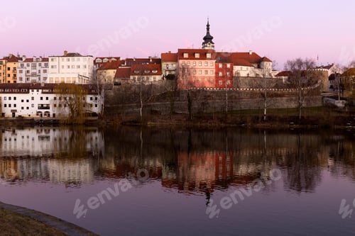 Preview: Evening Winter Royal Medieval Town Pisek With The Castle Above The River Otava, Czech Republic