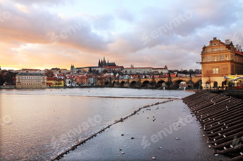 Preview: Colorful Prague Gothic Castle Above The River Vltava With Charles Bridge After Sunset, Czech