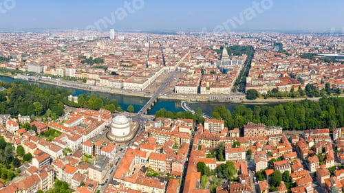 Preview: Turin, Italy. Panorama Of The City Aerial View. Catholic Parish Church Gran Madre Di Dio, Piazza