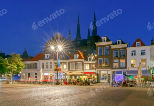 Preview: The Central Market Square And New Church With A Bell Tower In The City Delft On Sunset. Netherlands.