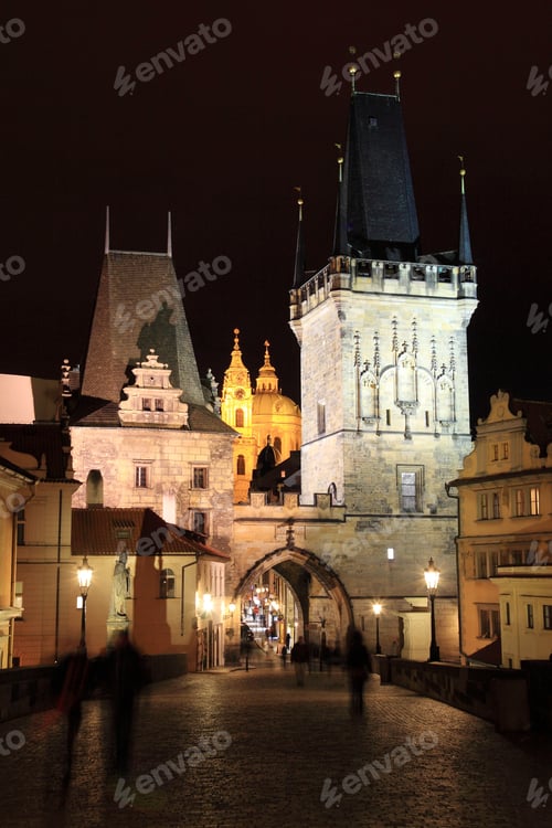 Preview: The Night View On Bright Prague St. Nicholas' Cathedral And The Bridge Tower, Czech Republic