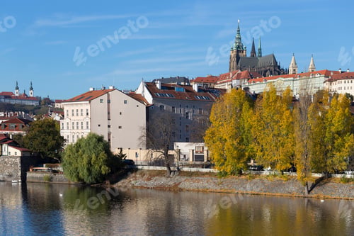 Preview: Colorful Autumn Prague Gothic Castle With The Lesser Town Above River Vltava In The Sunny Day