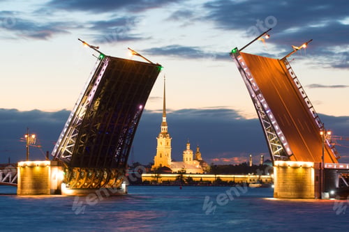 Preview: Peter And Paul Cathedral In The Alignment Of The Diluted Palace Bridge On A White Night