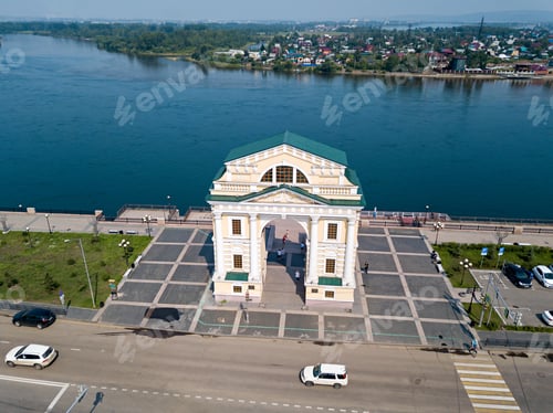 Preview: Russia, Irkutsk. Moscow Gate. Landmark On The Embankment Of The Angara River. Aerial Photo