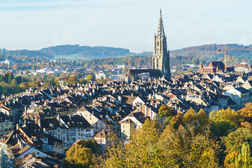 Preview: Aerial View Of Old City With Minster Gothic Cathedral, Bern, Switzerland