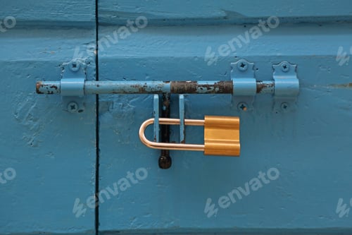 Preview: Bolt Lock With Padlock At Closed Blue Door
