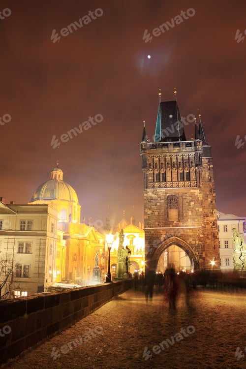Preview: Freezy Foggy Night Snowy Prague With Charles Bridge Tower