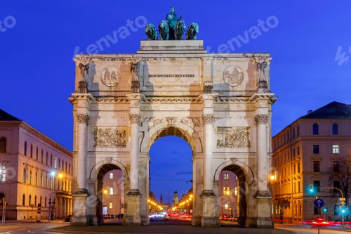 Preview: A Triumphal Arch Siegestor In The Night Illumination. Munich. Bavaria.