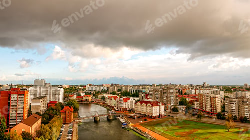Preview: Cloudy Weather In Kaliningrad. River Pregolya, Embankment Of The Fish Village And The Jubilee