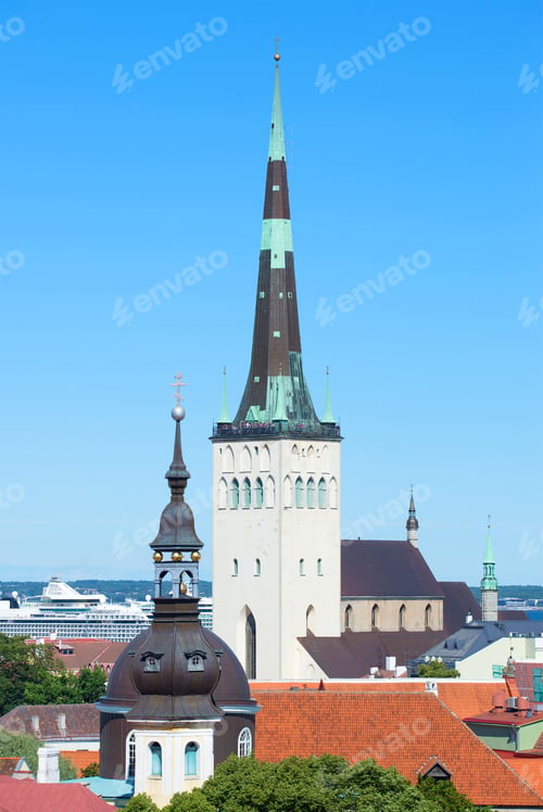 Preview: The Spire Of The Church Of St. Olaf Close Up Against The Blue Sky. Old Tallinn, Estonia