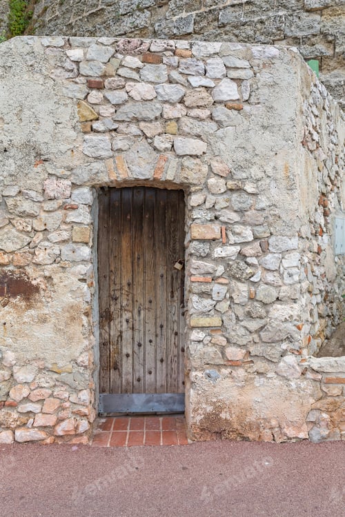 Preview: Closed Wooden Door At Old Stone Building