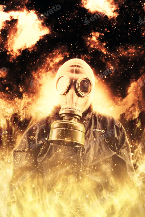 Preview: Person With Gas Mask And Destructive Fire, Pollution And Climate Change
