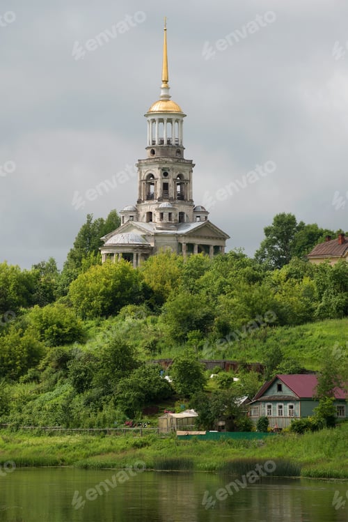 Preview: Bell Tower Of The Borisoglebskii Monastery Closeup Cloud July Afternoon. Torzhok, Russia