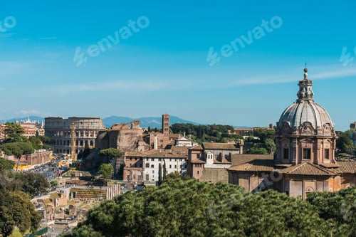 Preview: View Of Historical Landmarks In Rome, Italy With St Peters Basilica, The Roman Forum And The