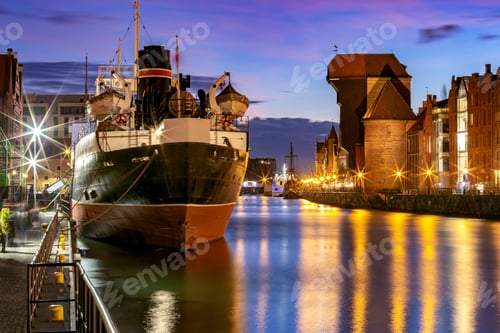 Preview: City Embankment And Facades Of Medieval Houses In The Old City At Sunset. Gdansk. Poland.