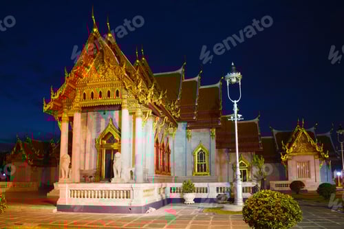 Preview: At The Old Buddhist Temple Wat Benchamabophit (Marble Temple) In The Late Evening. Bangkok, Thailand