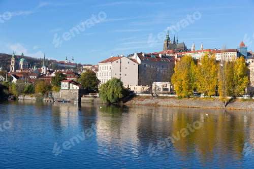 Preview: Colorful Autumn Prague Gothic Castle With The Lesser Town Above River Vltava In The Sunny Day