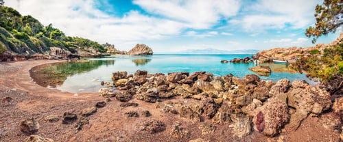 Preview: Picturesque Spring Panorama Of Cozy Beach In Northeastern Corinthia, Greece. Sunny Outdoor Scene Of