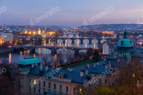 Preview: Night Prague City With Its Cathedrals, Towers And Bridges In The Christmas Time, Czech Republic