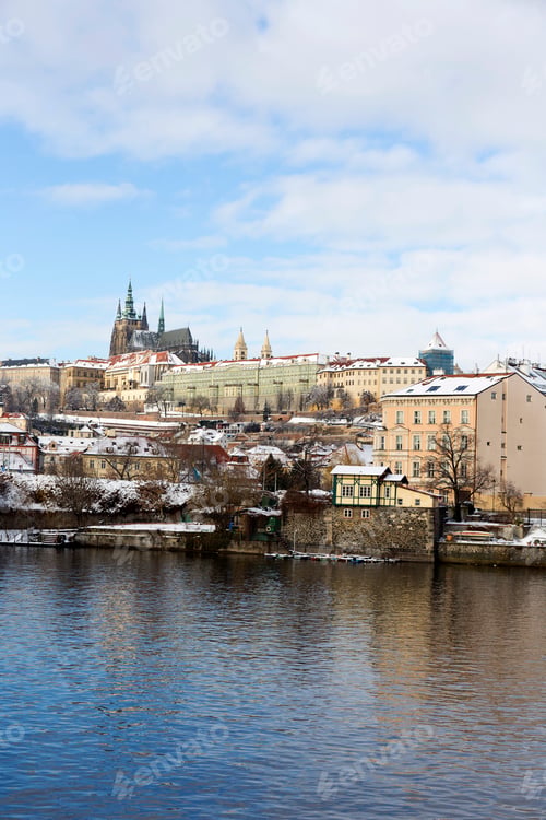 Preview: Snowy Prague Lesser Town With Prague Castle Above River Vltava, Czech Republic