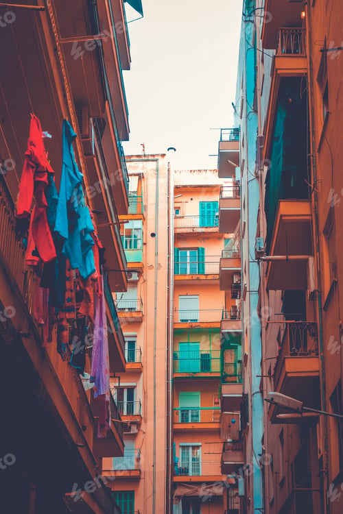 Preview: Some Apartment Buildings At Greece With Orange Facade In Low Angle View
