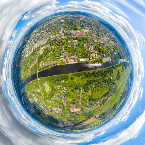 Preview: Dmitrov, Russia. City Center. Moscow Channel. Aerial View. 360 Degree Aerial Panoramic Asteroid