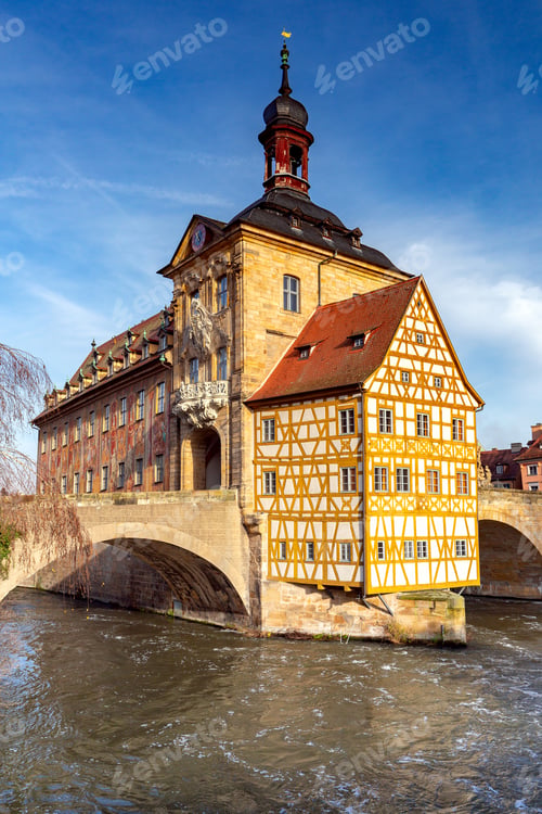 Preview: The Building Of The Old Medieval Town Hall On The Bridge Over The River At Dawn. Bamberg. Bavaria