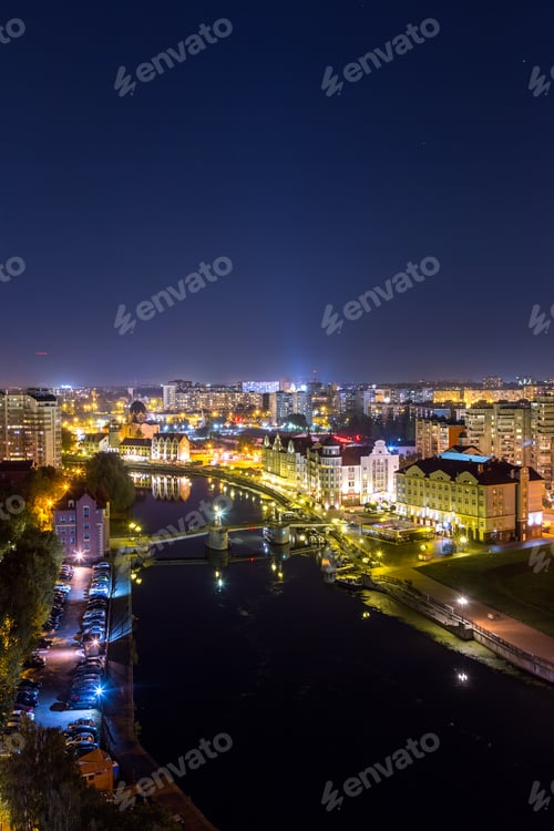 Preview: Night View Of The Center Of Kaliningrad. Jubilee Bridge, Fish Village, Channels Of The Pregolya
