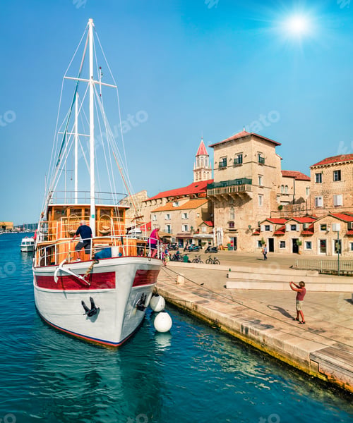 Preview: Solendid Summer Cityscape Of Trogir Town. Sunny Morning Seascape Of Adriatic Sea. Beautiful World