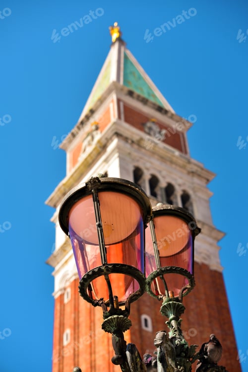 Preview: Characteristic Street Lamps Behind The Bell Tower Of San Marco Venice Italy