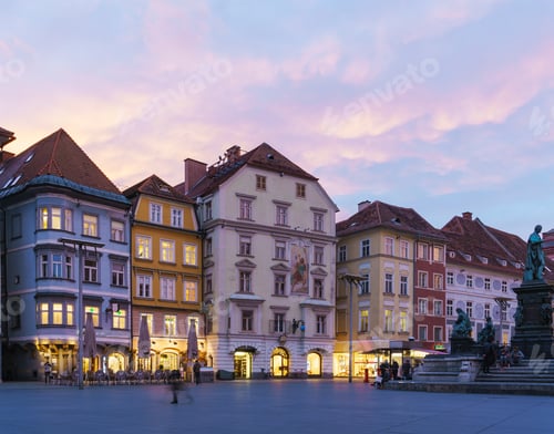 Preview: Houses On Hauptplatz And Erzherzog Johann Brunnen (1893) At Night, Graz, Austria