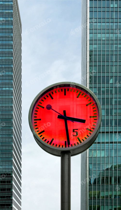 Preview: Big Clock In Front Of Two Business Buildings