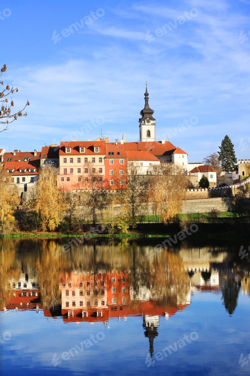 Preview: Colorful Autumn Medieval Town Pisek Above The River Otava With The Gothic Deanery Church, Czech