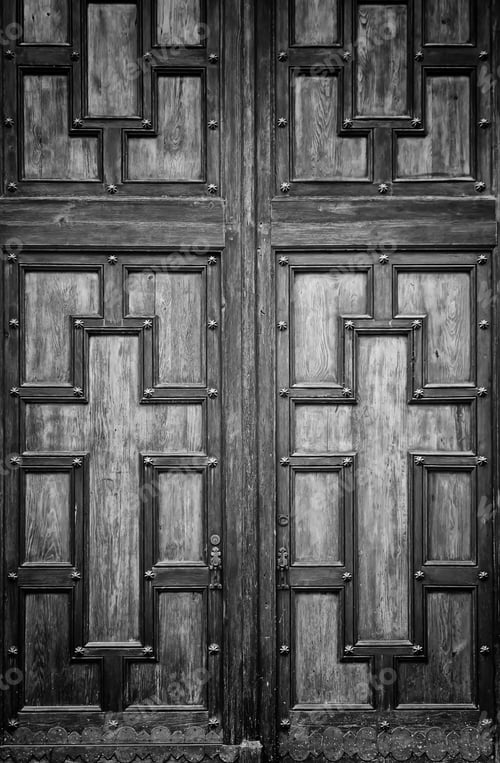 Preview: Wooden Door Entrance To Church Cross, Symbol