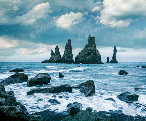 Preview: Dramatic Seascape Of Reynisdrangar Cliffs In The Atlantic Ocean. Fantastic Summer Morning On South