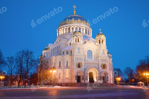 Preview: St. Nicholas Naval Cathedral In Night Illumination On March Evening. Kronstadt, Russia