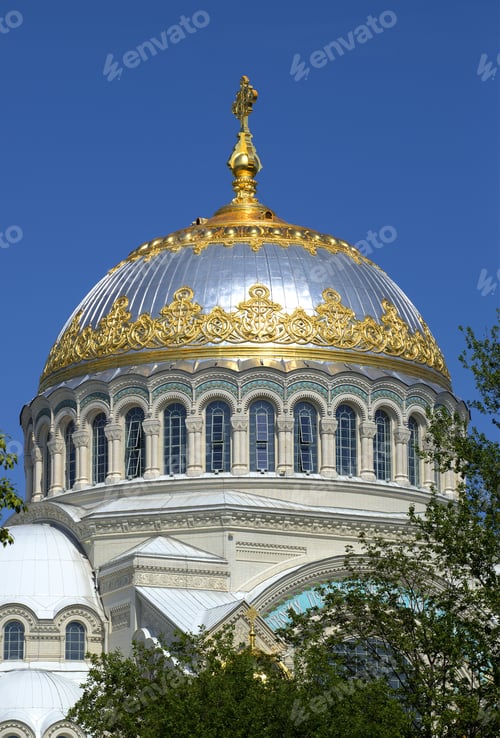 Preview: The Dome Of The St. Nicholas Naval Cathedral In The Background Of A Cloudless Sky. Kronstadt