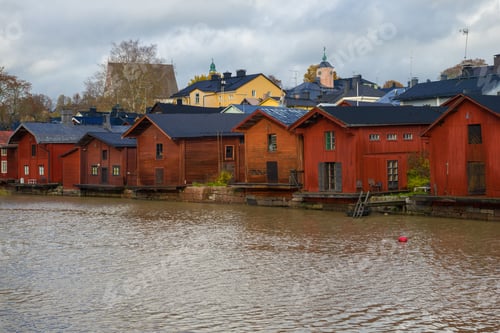 Preview: Old Wooden Houses On The Banks Of The Porvoonjoki River On A Cloudy October Day. Porvoo City
