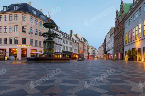 Preview: Square Amagertorv Stork Fountain In Night Lighting At Sunrise. Copenhagen. Denmark.