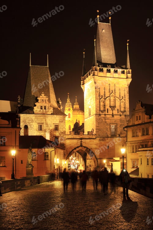 Preview: The Night View On Prague Lesser Town With St. Nicholas' Cathedral And Bridge Tower, Czech Republic