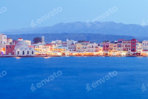 Preview: Scenic View Venetian Embankment In Chania With The Mosque Of Hassan Kuchuk Pasha At Night. Crete