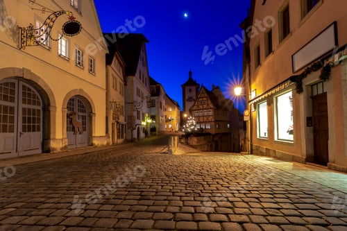 Preview: Old Traditional Medieval Street In Night Illumination. Rothenburg Ob Der Tauber. Bavaria Germany.