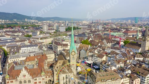Preview: Zurich, Switzerland. Panorama Of The City From The Air. Fraumunster Church, Aerial View