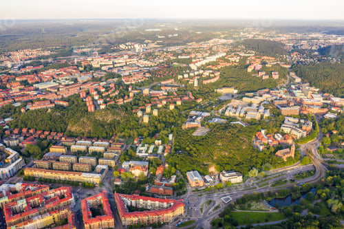 Preview: Gothenburg, Sweden. Panoramic Aerial View Of The City Center In The Evening. Sunset